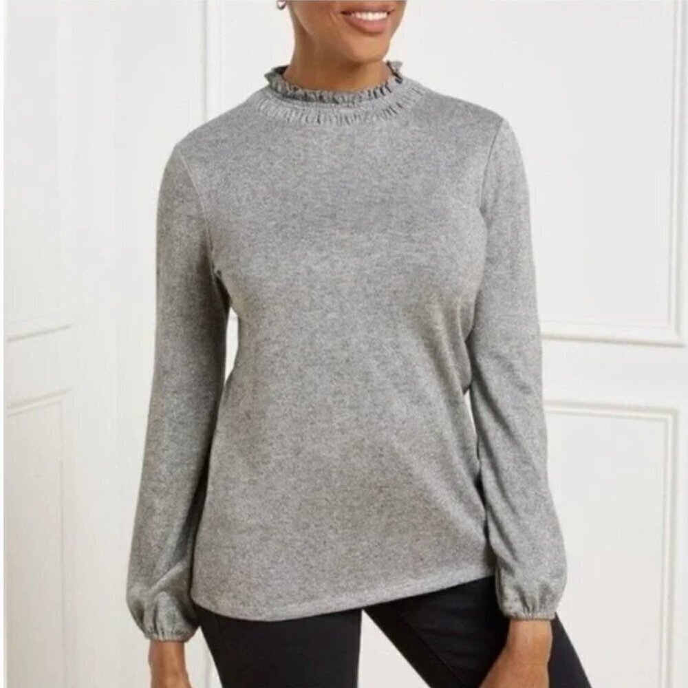 Talbots Women's Plus Size 2X Petite Tie Back Smocked Top Gray Metallic Velvet